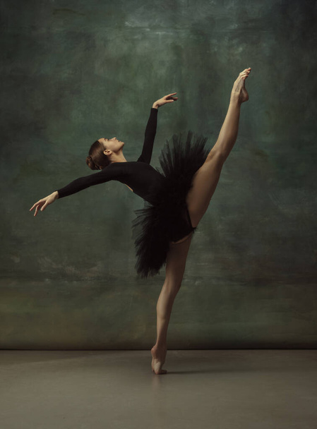 Young graceful tender ballerina on dark studio background - Foto, Imagem