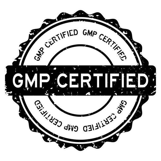 Grunge nero GMP (Abbreviazione di buona pratica di fabbricazione) parola certificata timbro guarnizione di gomma rotonda su sfondo bianco
 - Vettoriali, immagini
