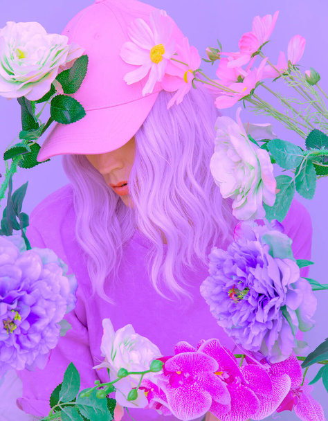 Vanilla pastel style. Girl 90s aesthetic. Monochrome color trends.  Purple and flowers bloom mood - Foto, Imagem