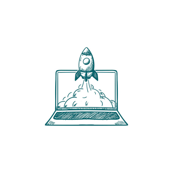 ロケット発射ノートパソコンの手描きスタイルのベクトルイラスト - ベクター画像