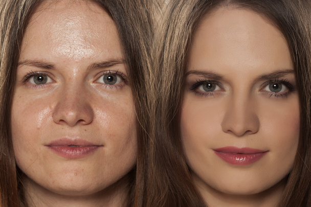 化粧の有無を比較した女性の肖像画 - 写真・画像