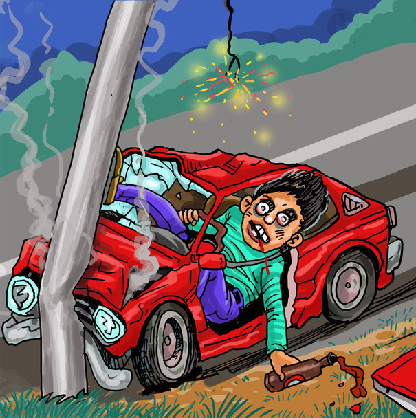 Drunk driver accident hitting the electric pole on the highway. - Vector, Image