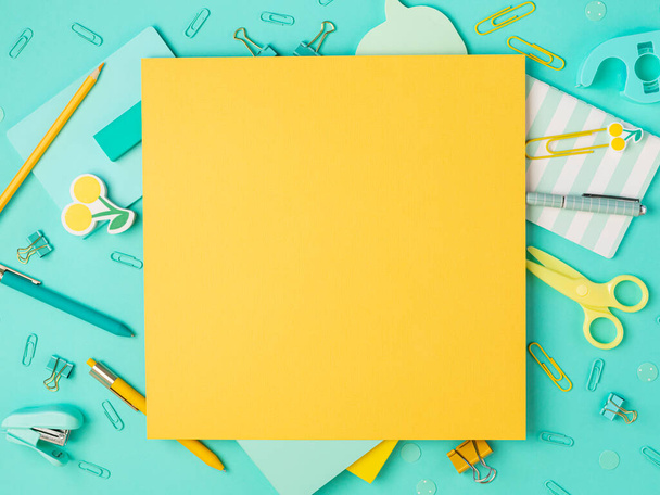 Back to school concept. School and office supplies on pastel background. Education, preparation to classes concept. Flat lay with copy space. Mockup - Photo, Image