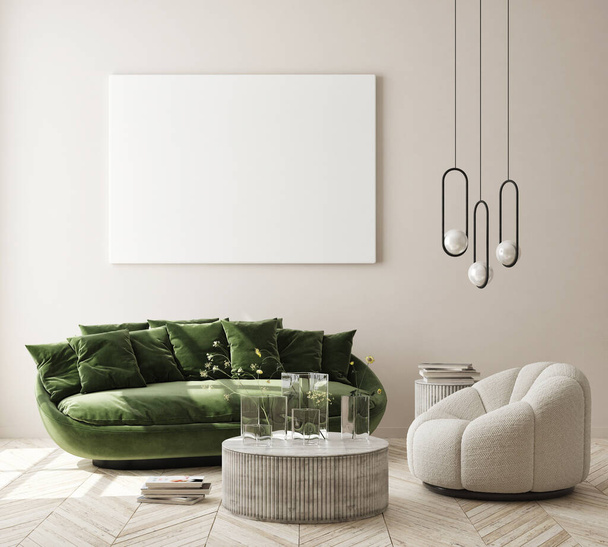 marco del cartel de la maqueta en el fondo interior moderno, sala de estar, estilo escandinavo, renderizado 3D, ilustración 3D - Foto, imagen