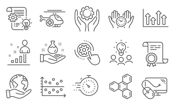 Set of Science icons, such as Timer, Medical helicopter. Diploma, ideas, save planet. Stats, Safe time, Upper arrows. Cogwheel, Chemistry lab, Cogwheel settings. Vector - Vektor, kép