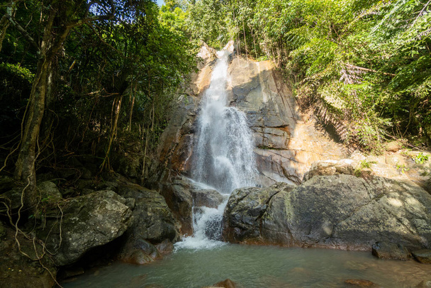 Secret tropical waterfall in jungle on a Samui island. - Photo, image