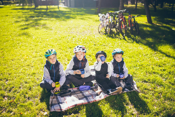Theme active family holidays nature. group people small little children three brothers and sister sit onblanket near bicycles in park green grass lawn rest and drink drink from cups and thermos tea. - Photo, Image