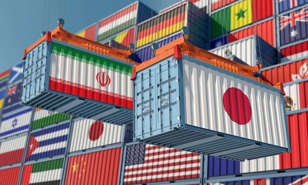 Frachtcontainer auf einem Terminal mit iranischer und japanischer Flagge. 3D-Rendering  - Foto, Bild