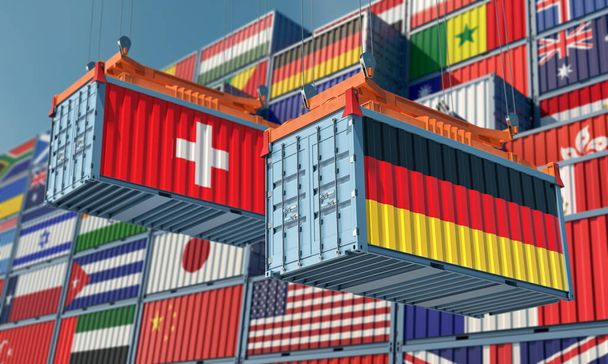 Nákladní kontejnery na terminálu s německou a švýcarskou vlajkou. 3D vykreslování  - Fotografie, Obrázek