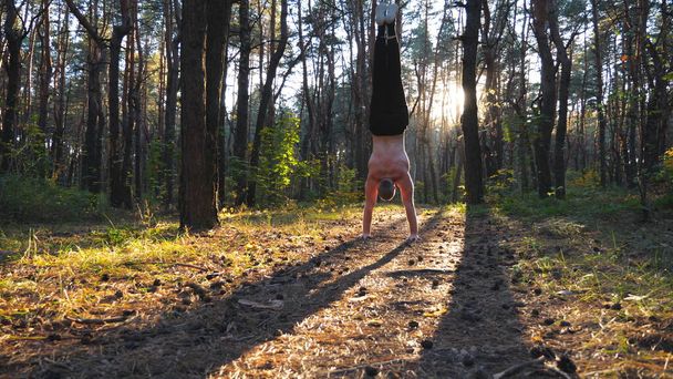 Μυώδης άνθρωπος κάνει handstand στο δάσος στο όμορφο φόντο ηλιοβασίλεμα. Ισχυρή γυμναστική εκπαίδευση στο γραφικό περιβάλλον. Αθλητής που δείχνει επιδόσεις σε εξωτερικούς χώρους. Έννοια του ενεργού τρόπου ζωής. Σουτ Ντόλι. - Φωτογραφία, εικόνα