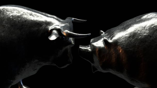 Deux moulages métalliques représentant un taureau s'opposant à un ours dans une lumière dramatique sombre représentant les tendances opposées des marchés financiers - rendu 3D
 - Photo, image