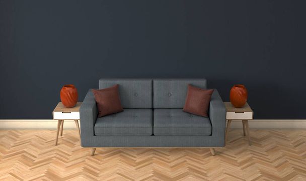 Серый диван в современно оформленной комнате с боковыми столами и бордовыми вазами - 3D рендеринг
 - Фото, изображение