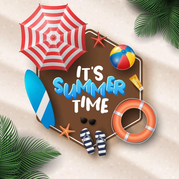 Vector Summer Holiday Illustration with Beach Ball, Palm Leaves, Surf Board and Typography Letter on Beach Sands Background. - Vector, Image