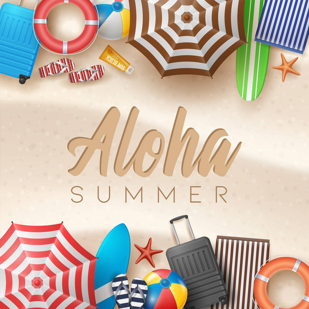 Vector Summer Holiday Illustration with Beach Ball, Palm Leaves, Surf Board and Typography Letter on Beach Sands Background. - Vecteur, image