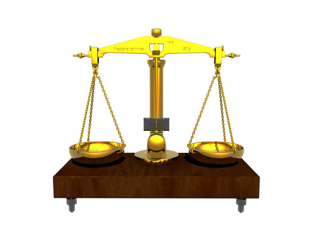 golden pharmacist scales with bowls and balance beam on wooden pedestal - Photo, Image