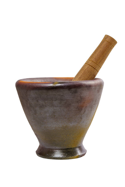Stone Mortar and Pestle for Cooking Thai Food or Somtam a Famous Thai Food on Isolated White Background. - Photo, Image