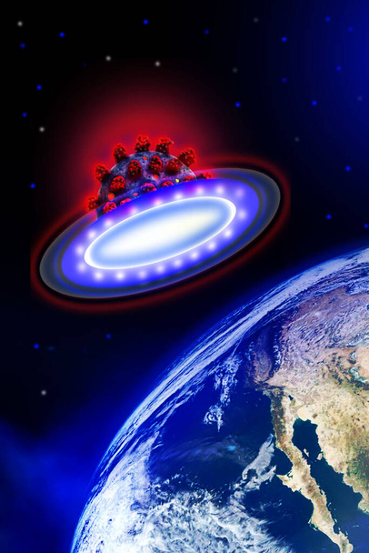 UFO with Coronavirus SARS-CoV-2 Covid-19. Panspermia theory. 3D render illustration. - Photo, Image