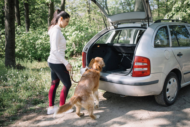 Sport girl getting dog in opened trunk - Foto, afbeelding