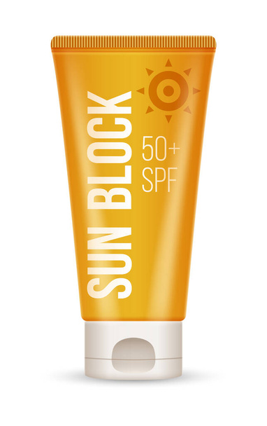 Sun block cream, oil and lotion containers. Sun protection and suntan cosmetics isolated on white background. Vector illustration - Vector, Image