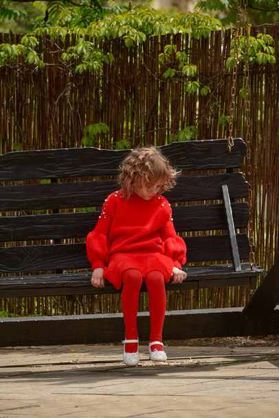 blondynka kręcone włosy dziewczyna 7 lat jeździ duży drewniany huśtawka w parku. Dziewczyna na drewnianym huśtawce. Pierwszoklasistka w czerwonych ubraniach. Portret dziecka. - Zdjęcie, obraz