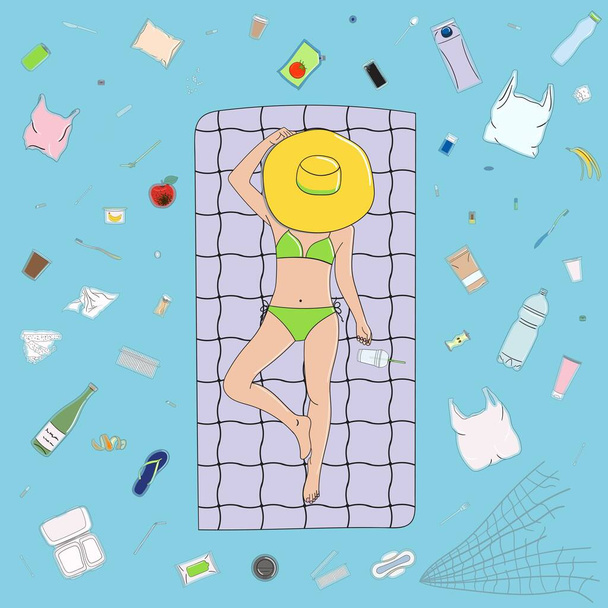 Girl lies in water surrounded by trash. Waste found in water. Marine, Ocean, coastal pollution. Global environmental problems. Save the ocean concept. Hand drawn vector illustration. - Vector, Image