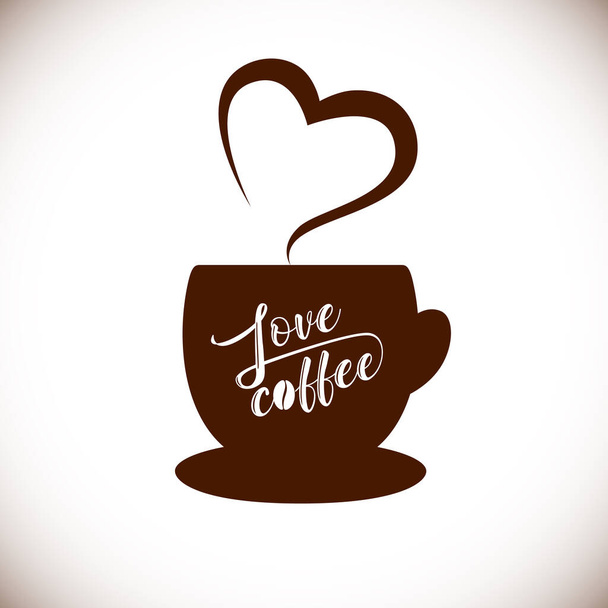 Love coffee logotype concept. Cup of coffee logo with steam over as a heart. Brush calligraphy. Ad idea. Trendy style sign, creative symbol. Isolated abstract graphic design template. T shirt element. - Vector, afbeelding