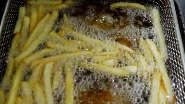 Frites bakken in de frituurpan, in een fastfood restaurant, aardappel koken, frietjes, Junk food concept. - Video
