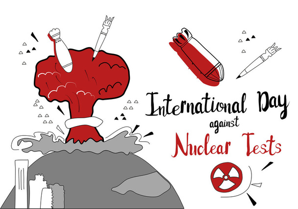 Internationaler Tag gegen Atomtests 29. August Vektorplakat im Doodle-Stil. Atomexplosion, Detonationspilzwolke und Schockwellen.Sprengköpfe, Atomwaffe, Wasserstoffbombe um Heuchelei - Vektor, Bild