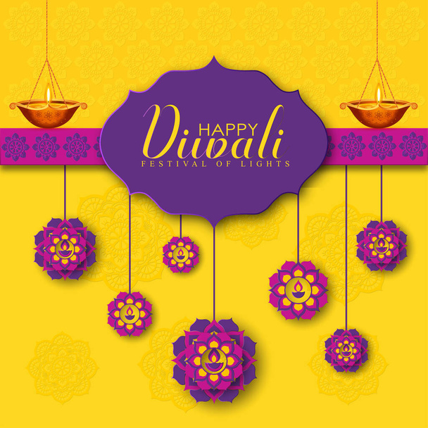 ilustrace hořících diya plamenů, Happy Diwali, Holiday background for light festival of India.web page, banner, prodej propagace.  - Vektor, obrázek