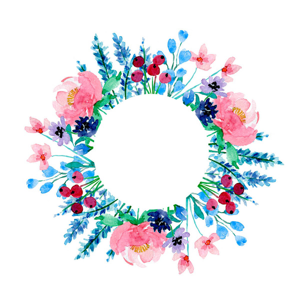 This is a watercolor wreath with beatiful flowers that can be used for wedding invitations, cards, logos or branding. 14 x 14 inches 300 dpi - Photo, Image