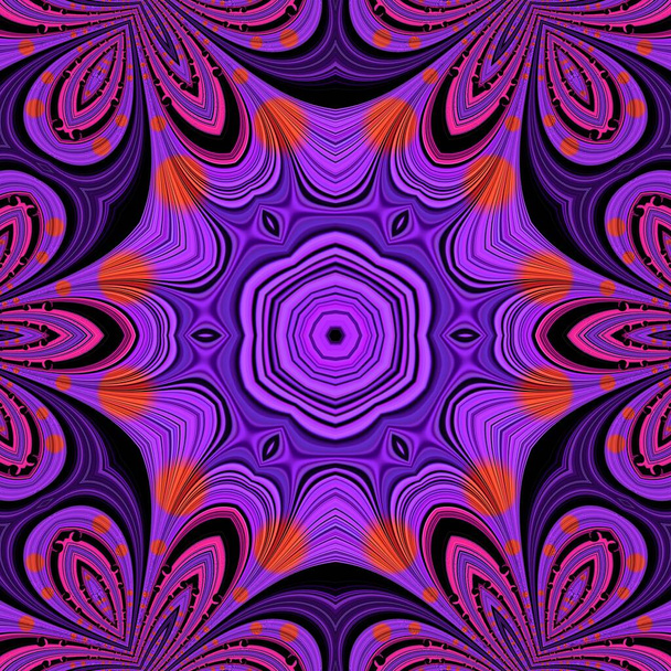 odstíny růžové a fialové v lineárním pruhovaném tvaru na černém pozadí s červeným sluncem odrážejícím se ve vodním obrazu transformovaném odrazem do složitých vzorů a vzorů v šestiúhelníkové květinové fantazii ve čtvercovém formátu - Fotografie, Obrázek