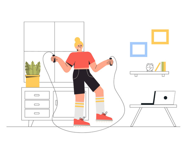 Vrouw doet workout indoor - sport oefening, thuis trainen. Een meisje springt op een touw in de woonkamer met gezellig interieur. Vector illustratie in platte stijl. - Vector, afbeelding