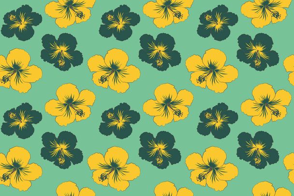 熱帯植物やハイビスカスの花のイラストと夏のハワイのシームレスなパターン青の背景. - 写真・画像