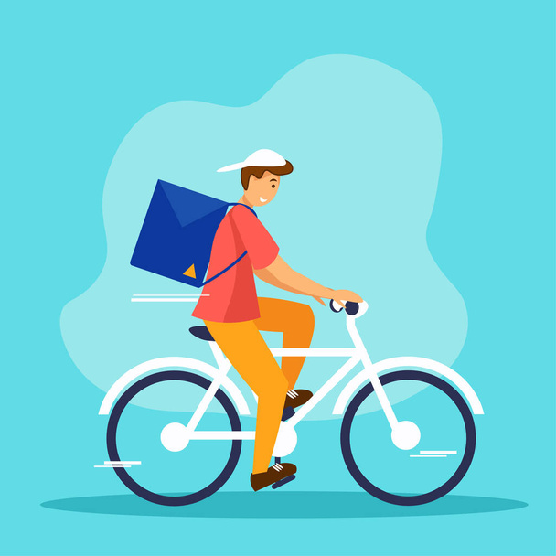 Delivery man with parsel in backpack riding bicycle. Vector illustration concept of fast and ecology delivery service.  - Vektör, Görsel