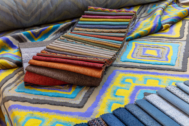 Textile samples color chart. Background pantone color fabric swatches designer. - Photo, Image