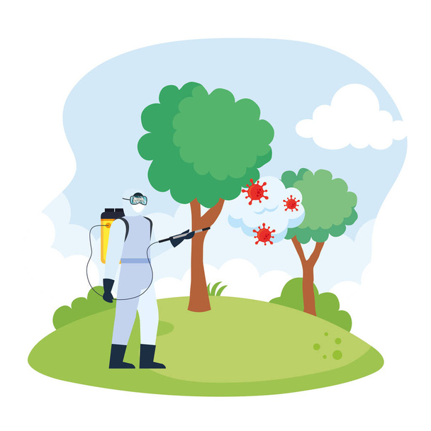 Man with protective suit spraying park trees with covid 19 vector design - Vector, Image