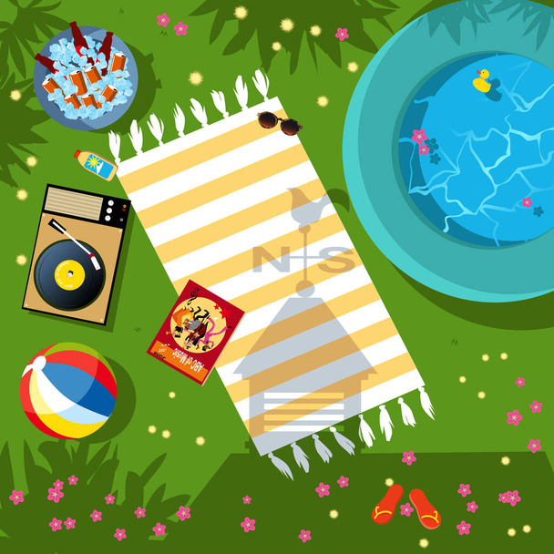 Zomer vakantie thema items liggen rond op het gras in de achtertuin, vertegenwoordigen staycation of weekend thuis, uitzicht van boven, EPS 8 vector illustratie - Vector, afbeelding