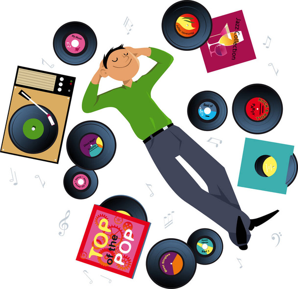 Giovane uomo sdraiato sul pavimento circondato da dischi in vinile, ascoltando musica da un giradischi vintage, illustrazione vettoriale EPS 8
 - Vettoriali, immagini