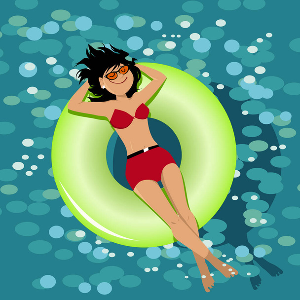 Жінка в червоному купальнику дрейфує на надувній трубці на блискучій воді, EPS 8 Векторні ілюстрації
 - Вектор, зображення