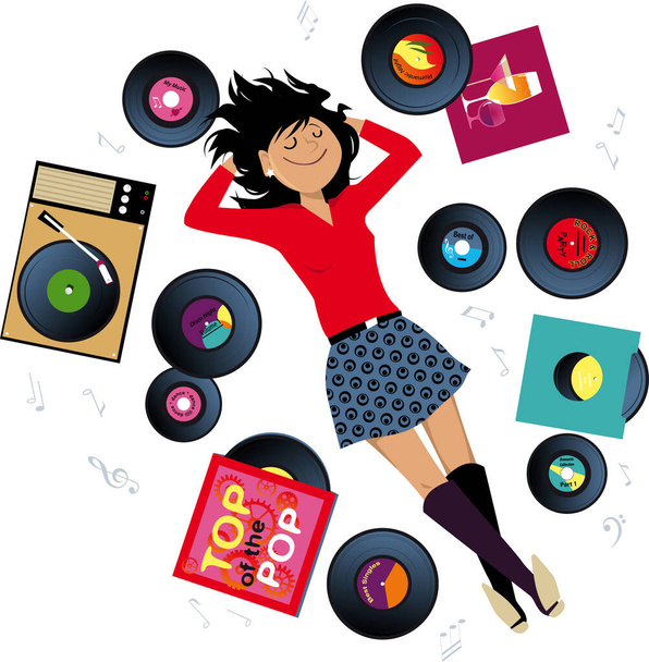 Jonge vrouw liggend op de vloer omringd door vinyl platen, luisterend naar muziek van een vintage platenspeler, EPS 8 vector illustratie - Vector, afbeelding