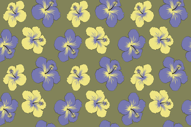 紫、茶色、黄色の熱帯の花とシームレスなエキゾチックなパターン。モトリーのイラスト。ジャングルの開花、ハイビスカスのシームレスなパターン. - 写真・画像