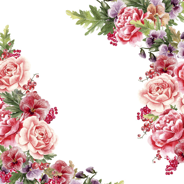 Tarjeta de boda acuarela con peonía y flores de rosa
.  - Foto, imagen