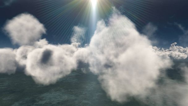 vliegen boven grote wolken, zonnestraal, 3D illustratie renderen - Foto, afbeelding