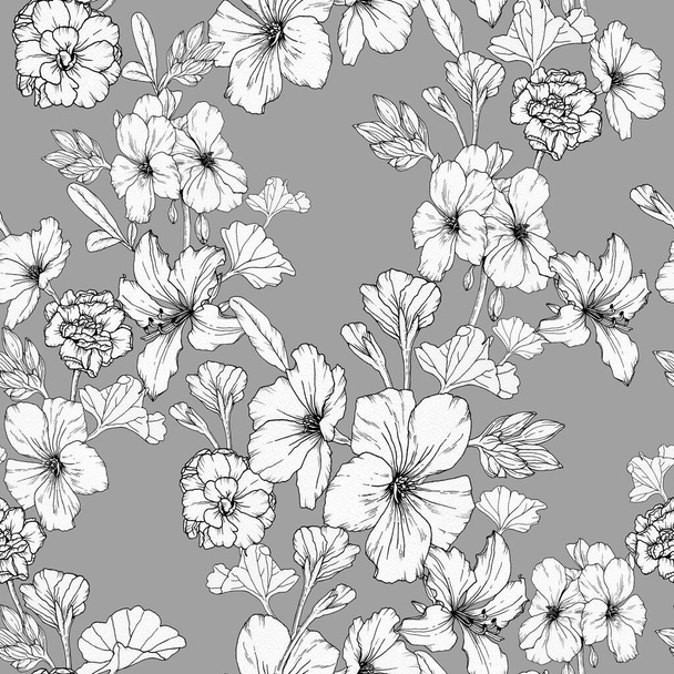 Monochrome floral seamless pattern with petunias and other flowers on grey background - Photo, image