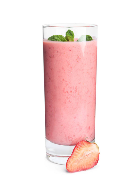 Tasty strawberry smoothie with mint in glass isolated on white - Fotografie, Obrázek