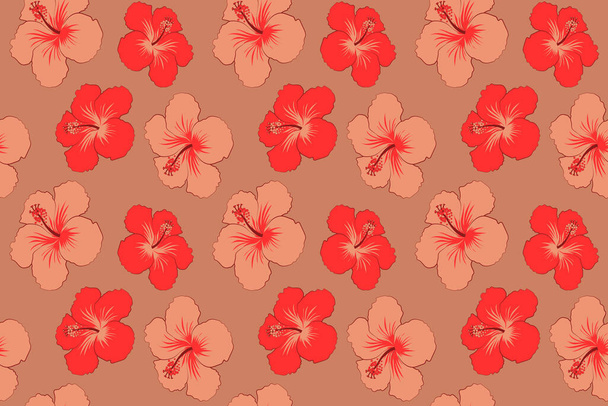 Hibiscus kukkia kuvio. Vesiväri maalaus vaikutus, kuva hibiscus kukkia, kukka lehdet eristetty käsin piirretty punaisella pohjalla. - Valokuva, kuva