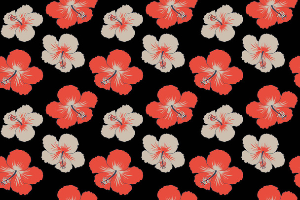 Seamless tropical flowers in red colors. Hibiscus pattern on a black background. - Foto, Imagen