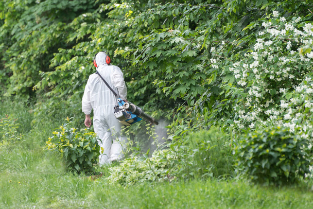 L'homme en costume et masque de protection blanc désinfecte le jardin public des tiques, des acariens et des moustiques en pulvérisant du poison répulsif
. - Photo, image