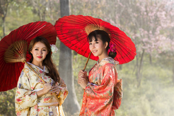 азиатские женщины в традиционном японском кимоно и красном зонтике в саду сакуры в Гималаях, Таиланд
. - Фото, изображение