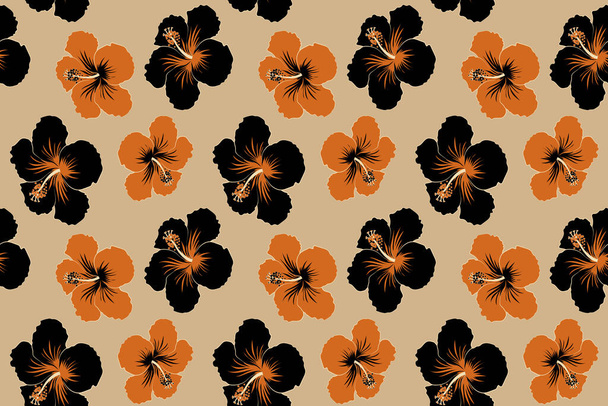 With tropical flowers in watercolor style. Hibiscus pattern on a beige background. - Photo, Image